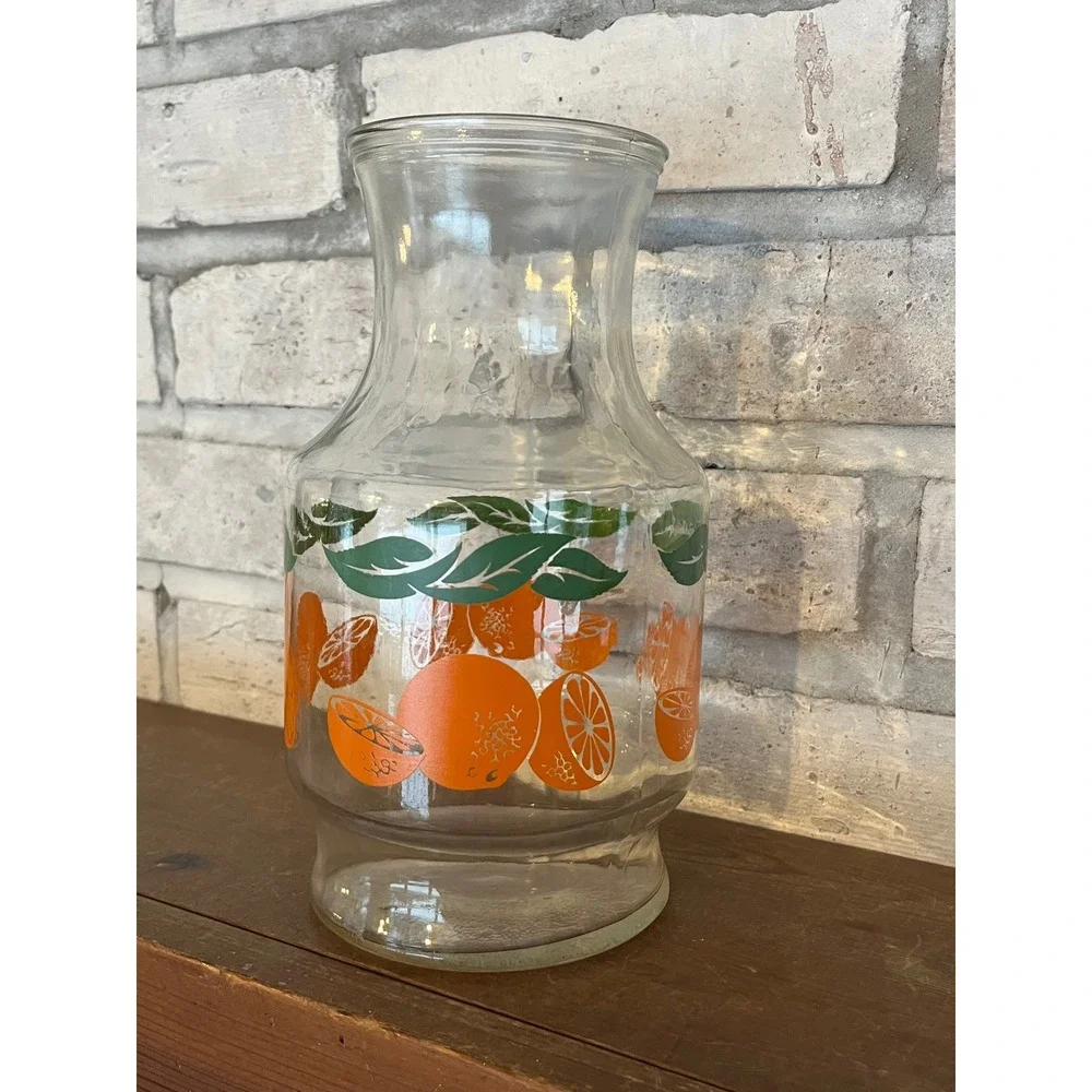 Retro Anchor Hocking Juice‎ Carafe with Oranges and Green Leaf Pattern